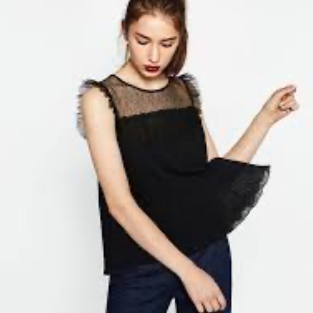 Zara Women's Black Lace Eyelet Pleated Top Size S Short Sleeve Blouse